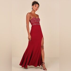 Lulu's Luxe Allure Wine Red Beaded Rhinestone Bustier Maxi Dress